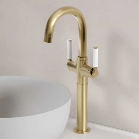 Bayor Deck Mounted Monobloc Basin Mixer with 160mm Extension - White Lever - Brushed Brass