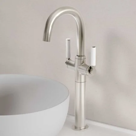 Bayor Deck Mounted Monobloc Basin Mixer with 160mm Extension - White Lever - Brushed Nickel
