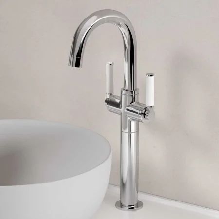 Bayor Deck Mounted Monobloc Basin Mixer with 160mm Extension - White Lever - Chrome