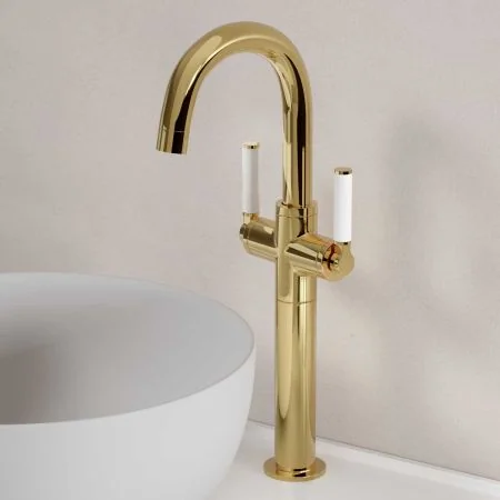 Bayor Deck Mounted Monobloc Basin Mixer with 160mm Extension - White Lever - Living Brass