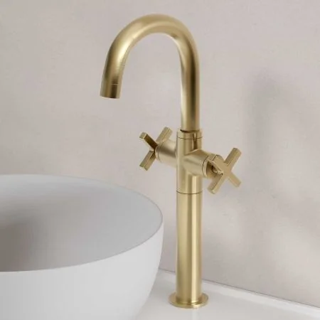 Bayor Deck Mounted Monobloc Basin Mixer with 160mm Extension - Crosshead - Brushed Brass