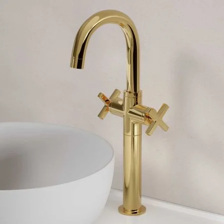 Bayor Deck Mounted Monobloc Basin Mixer with 160mm Extension - Crosshead - Living Brass