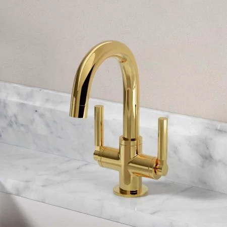 Bayor Deck Mounted Monobloc Basin Mixer - Metal Lever - Living Brass