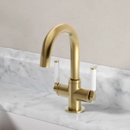 Bayor Deck Mounted Monobloc Basin Mixer - White Lever - Brushed Brass