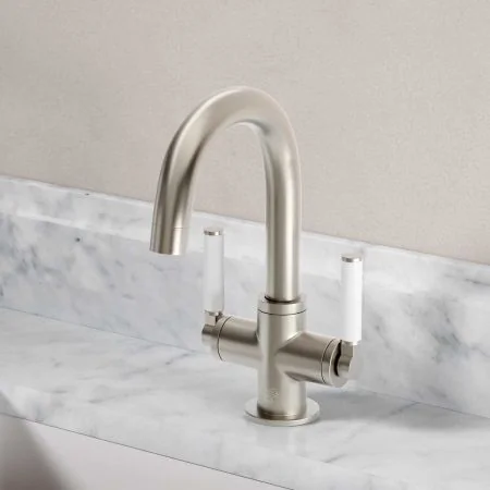 Bayor Deck Mounted Monobloc Basin Mixer - White Lever - Brushed Nickel