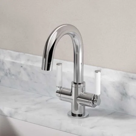 Bayor Deck Mounted Monobloc Basin Mixer - White Lever - Chrome