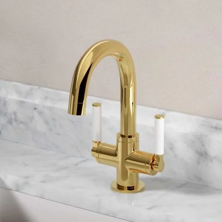 Bayor Deck Mounted Monobloc Basin Mixer - White Lever - Living Brass