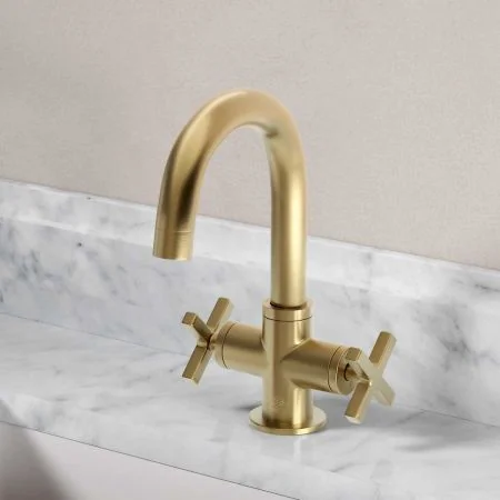 Bayor Deck Mounted Monobloc Basin Mixer - Crosshead - Brushed Brass