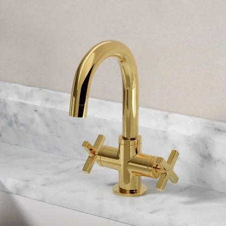 Bayor Deck Mounted Monobloc Basin Mixer - Crosshead - Living Brass