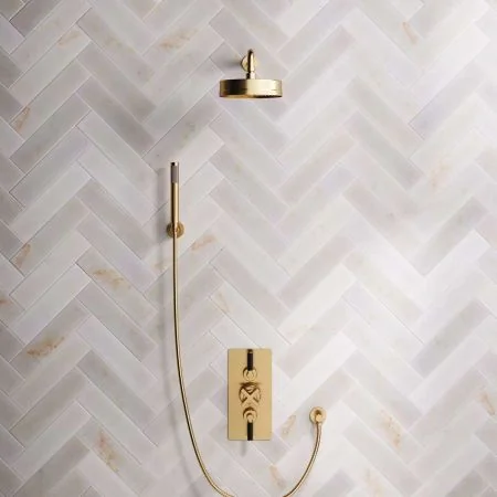 Bayor Dual Outlet Concealed Shower with Handshower Hook, 500mm Wall Arm, 8" Rose & Black Levers in Brushed Brass