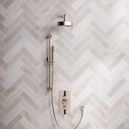 Elbe Dual Bayor Dual Outlet Concealed Shower with Slider Rail, 300mm Wall Arm, 8" Rose & Black Levers in Brushed Nickel