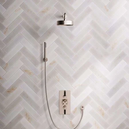 Bayor Dual Outlet Concealed Shower with Handshower Hook, 500mm Wall Arm, 8" Rose & Black Levers in Brushed Nickel