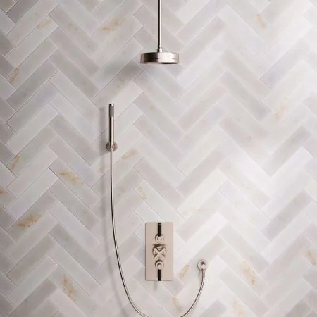 Bayor Dual Outlet Concealed Shower with Handshower Hook, 210mm Ceiling Arm, 8" Rose & Black Levers in Brushed Nickel