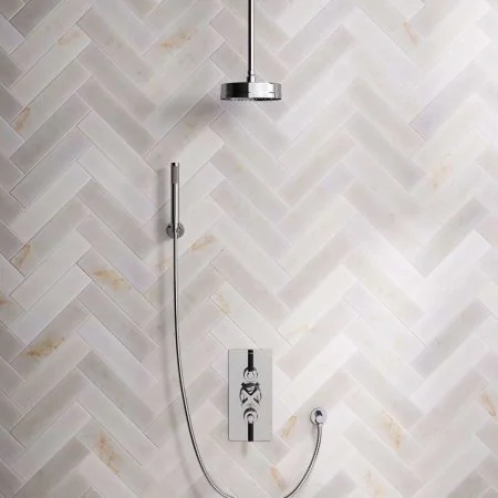 Bayor Dual Outlet Concealed Shower with Handshower Hook, 210mm Ceiling Arm, 8" Rose & Black Levers in Chrome