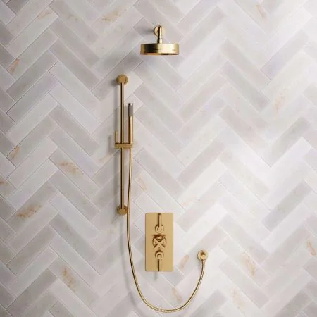Bayor Dual Outlet Concealed Shower with Slider Rail, 300mm Wall Arm, 8" Rose & Metal Levers in Brushed Brass