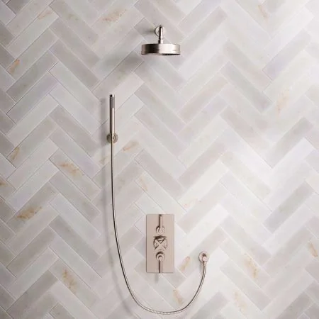 Bayor Dual Outlet Concealed Shower with Handshower Hook, 300mm Wall Arm, 8" Rose & Metal Levers in Brushed Nickel