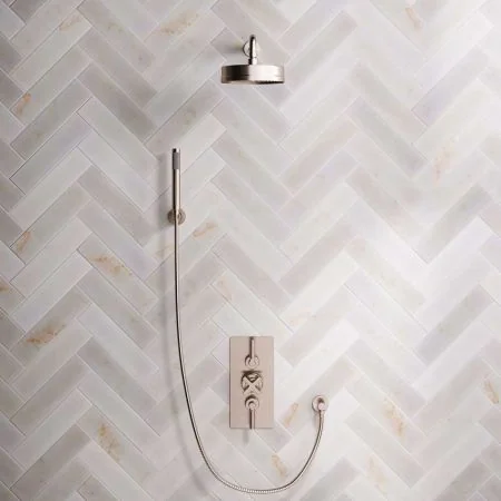 Bayor Dual Outlet Concealed Shower with Handshower Hook, 500mm Wall Arm, 8" Rose & Metal Levers in Brushed Nickel