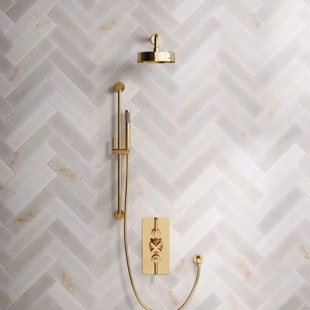 Bayor Dual Outlet Concealed Shower with Slider Rail, 300mm Wall Arm, 8" Rose & Metal Levers in Living Brass
