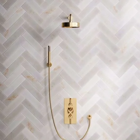 Bayor Dual Outlet Concealed Shower with Handshower Hook, 500mm Wall Arm, 8" Rose & Metal Levers in Living Brass