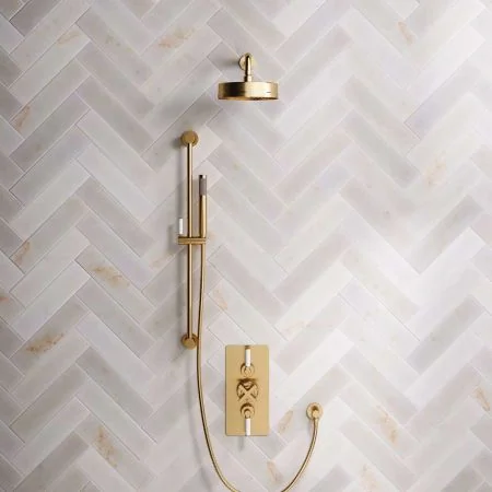 Bayor Dual Outlet Concealed Shower with Slider Rail, 300mm Wall Arm, 8" Rose & White Levers in Brushed Brass