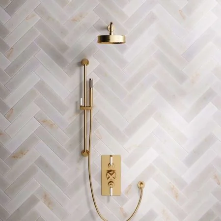 Bayor Dual Outlet Concealed Shower with Slider Rail, 500mm Wall Arm, 8" Rose & White Levers in Brushed Brass