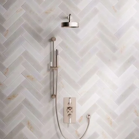 Bayor Dual Outlet Concealed Shower with Slider Rail, 500mm Wall Arm, 8" Rose & White Levers in Brushed Nickel