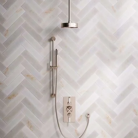 Linton Dual Outlet Concealed Shower with Slider Rail, 210mm Ceiling Arm, 8" Rose & White Levers in Brushed Nickel