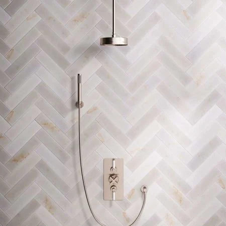Bayor Dual Outlet Concealed Shower with Handshower Hook, 210mm Ceiling Arm, 8" Rose & White Levers in Brushed Nickel