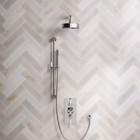 Bayor Dual Outlet Concealed Shower with Slider Rail, 300mm Wall Arm, 8" Rose & White Levers in Chrome