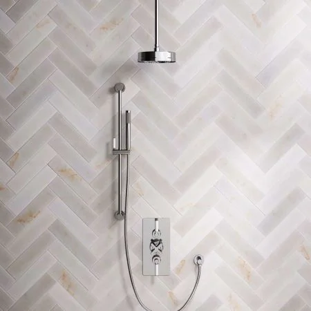 Linton Dual Outlet Concealed Shower with Slider Rail, 210mm Ceiling Arm, 8" Rose & White Levers in Chrome