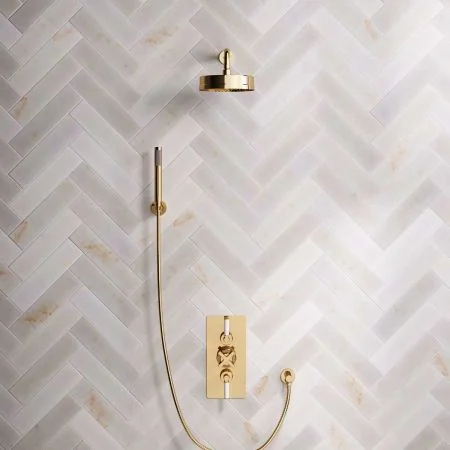 Bayor Dual Outlet Concealed Shower with Handshower Hook, 300mm Wall Arm, 8" Rose & White Levers in Living Brass