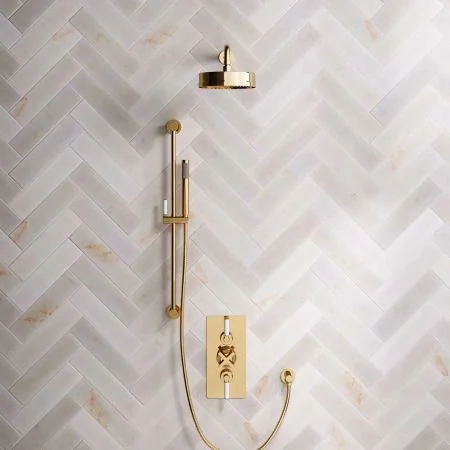 Bayor Dual Outlet Concealed Shower with Slider Rail, 500mm Wall Arm, 8" Rose & White in Living Brass