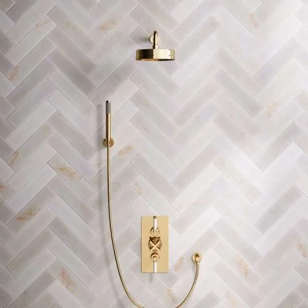 Bayor Dual Outlet Concealed Shower with Handshower Hook, 500mm Wall Arm, 8" Rose & White Levers in Living Brass