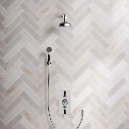 Linton Dual Outlet Concealed Shower with Handshower Hook, 300mm Wall Arm, 6" Rose & Black Levers in Chrome