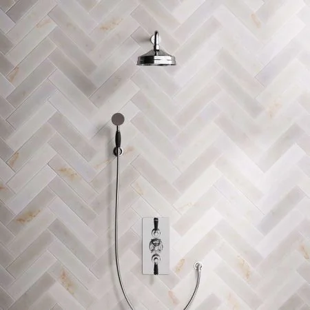 Linton Dual Outlet Concealed Shower with Handshower Hook, 300mm Wall Arm, 8" Rose & Black Levers in Chrome