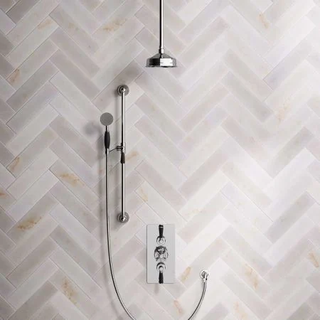 Linton Dual Outlet Concealed Shower with Slider Rail, 210mm Ceiling Arm, 6" Rose and Black Levers in Chrome