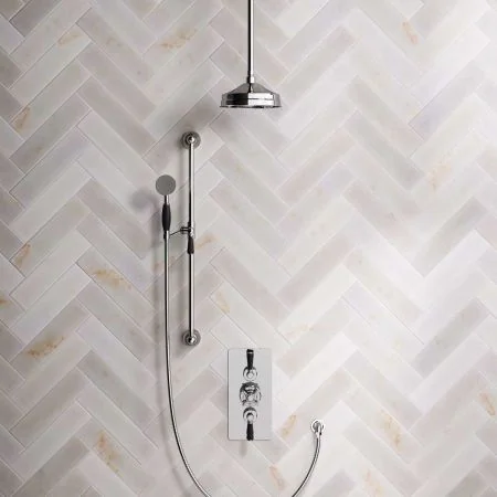 Linton Dual Outlet Concealed Shower with Slider Rail, 210mm Ceiling Arm, 8" Rose and Black Levers in Chrome