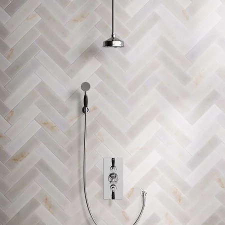 Linton Dual Outlet Concealed Shower with Handshower Hook, 210mm Ceiling Arm, 6" Rose & Black Levers in Chrome