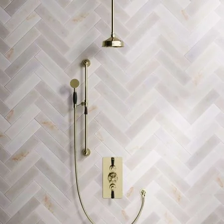 Linton Dual Outlet Shower Kit - Concealed Valve - 6 inch Rose - Black Ceramic Lever - Handshower Slider-Rail - Ceiling Mounted Rose - Timeless Brass