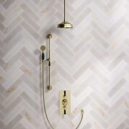 Linton Dual Outlet Shower Kit - Concealed Valve - 8 inch Rose - Black Ceramic Lever - Handshower Slider-Rail - Ceiling Mounted Rose - Timeless Brass