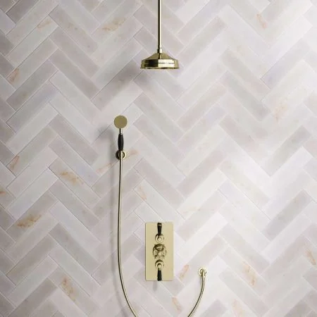 Linton Dual Outlet Shower Kit - Concealed Valve - 8 inch Rose - Black Ceramic Lever - Handshower Hook - Ceiling Mounted Rose - Timeless Brass