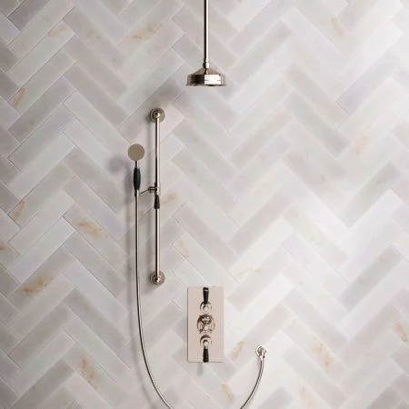 Linton Dual Outlet Concealed Shower with Slider Rail, 210mm Ceiling Arm, 6" Rose and Black Levers in Polished Nickel