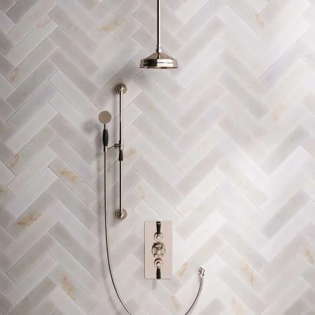 Linton Dual Outlet Concealed Shower with Slider Rail, 210mm Ceiling Arm, 8" Rose and Black Levers in Polished Nickel