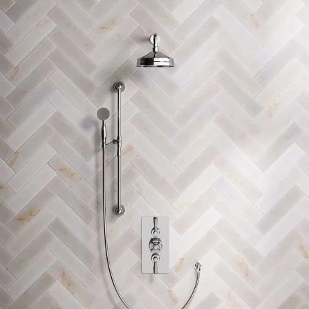 Linton Dual Outlet Concealed Shower with Slider Rail, 300mm Wall Arm, 8" Rose & Metal Levers in Chrome