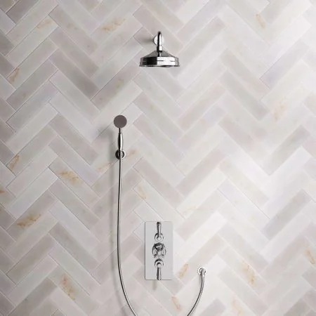 Linton Dual Outlet Concealed Shower with Handshower Hook, 500mm Wall Arm, 8" Rose & Metal Levers in Chrome