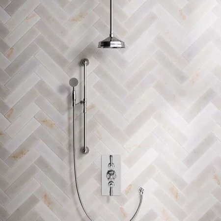 Linton Dual Outlet Concealed Shower with Slider Rail, 210mm Ceiling Arm, 8" Rose & Metal Levers in Chrome