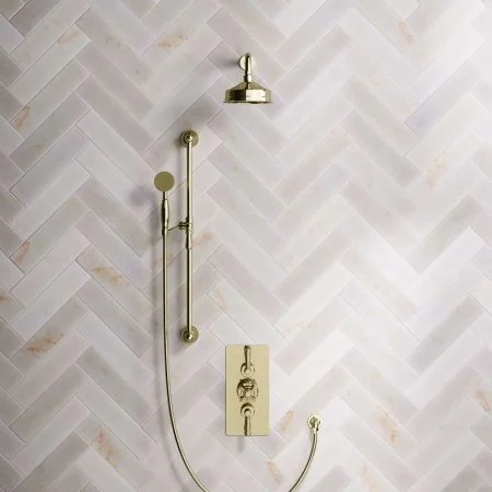 Linton Dual Outlet Shower Kit - Concealed Valve - 6 inch Rose - Metal Lever - Handshower Slider-Rail - Timeless Brass