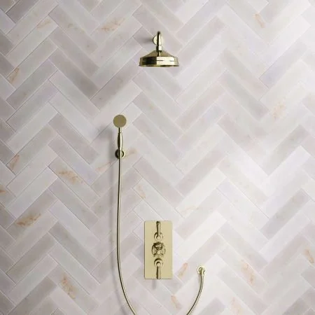 Linton Dual Outlet Shower Kit - Concealed Valve - 8 inch Rose - 500mm Shower Arm - Metal Lever - Handshower Hook - Timeless Brass