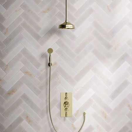 Linton Dual Outlet Shower Kit - Concealed Valve - 8 inch Rose - Metal Lever - Handshower Hook - Ceiling Mounted Rose - Timeless Brass