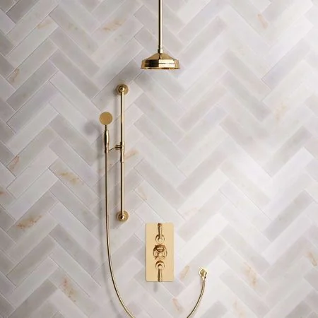 Linton Dual Outlet Shower Kit - Concealed Valve - 8 inch Rose - Metal Lever - Handshower Slider-Rail - Ceiling Mounted Rose - Living Brass